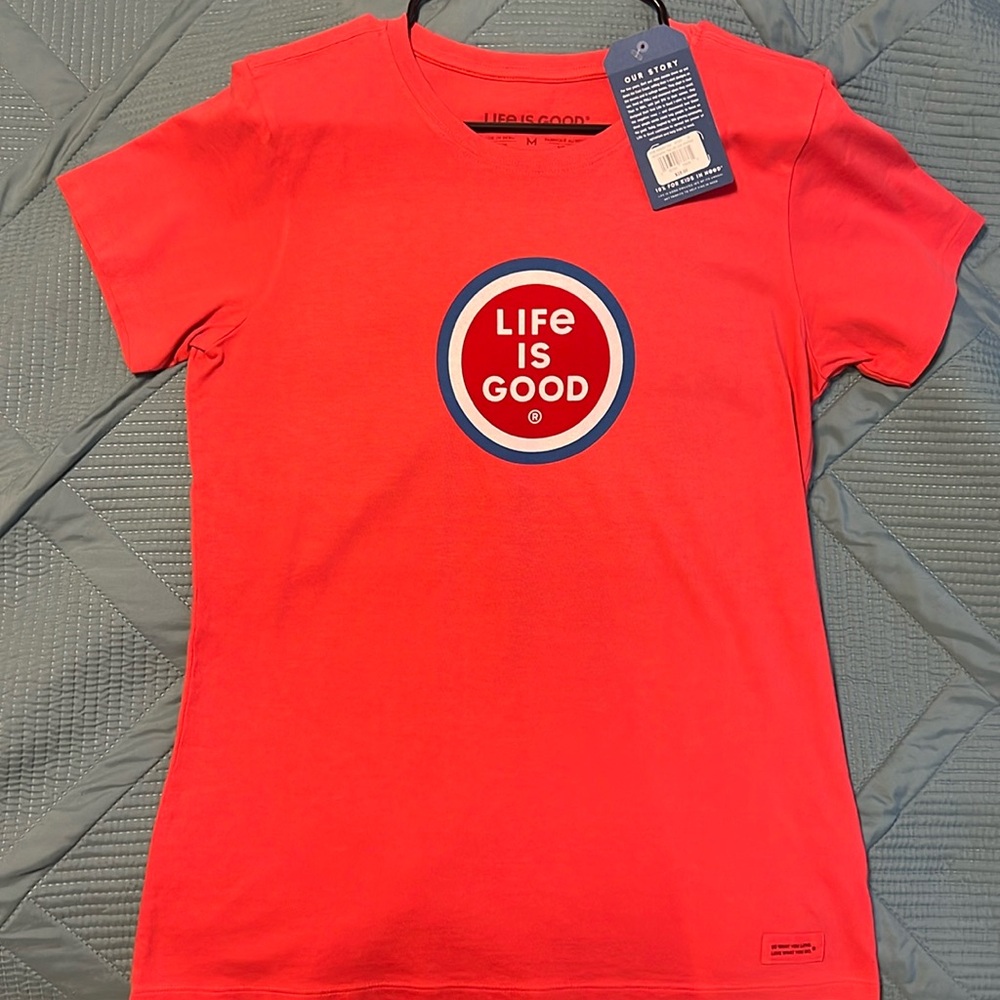 NWT Life is Good, red-white-blue coin, ladies size medium, crusher tee